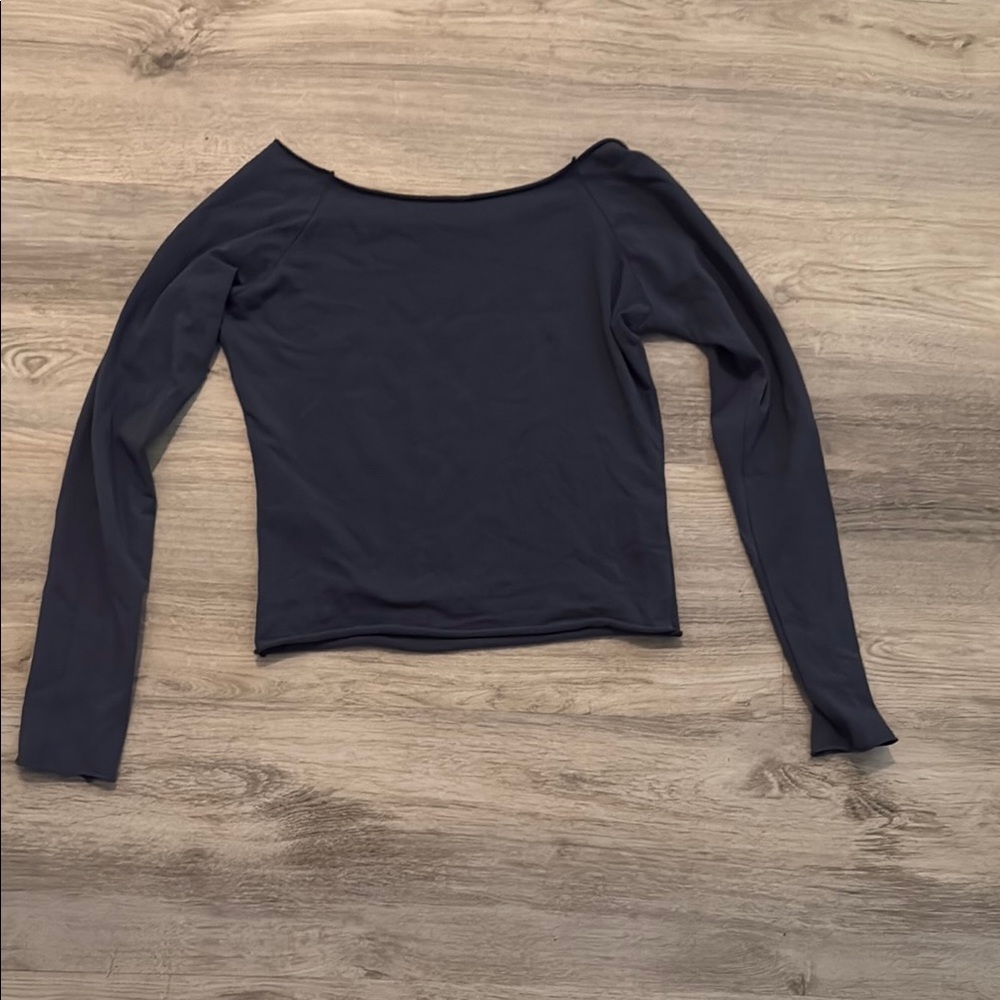 Blue Fitted Boat-Neck Blouse
